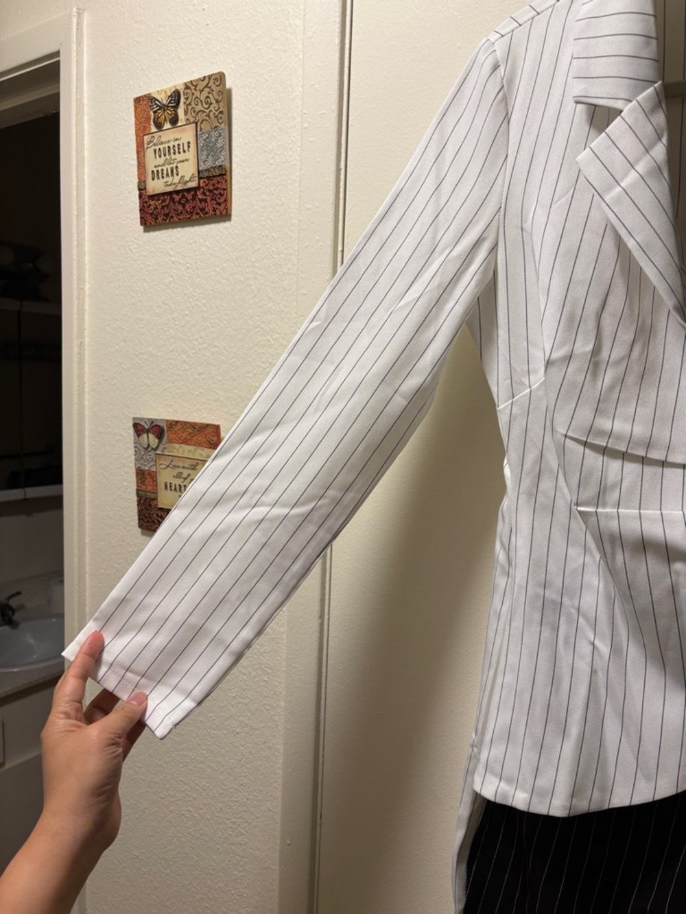 CBR Black and White Pinstripe Asymmetrical Blazer Dress - Picture 4 of 11